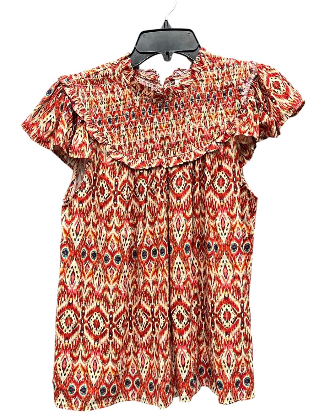 NWT  Rose + Olive | Smocked Red Ikat Print Ruffle Cap Sleeve Rayon Top S